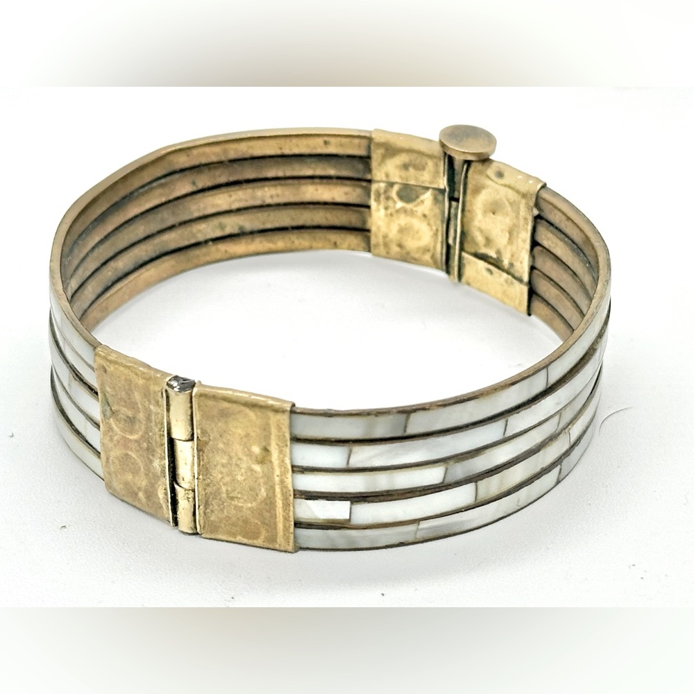 Brass Gold Tone MOP Shell Mosaic Bangle Bracelet Hinge Pin Closure